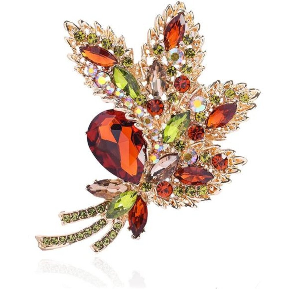 Big Large Brooch Pin Austrian Crystal Leaf Shape Bouquet Rhinestone